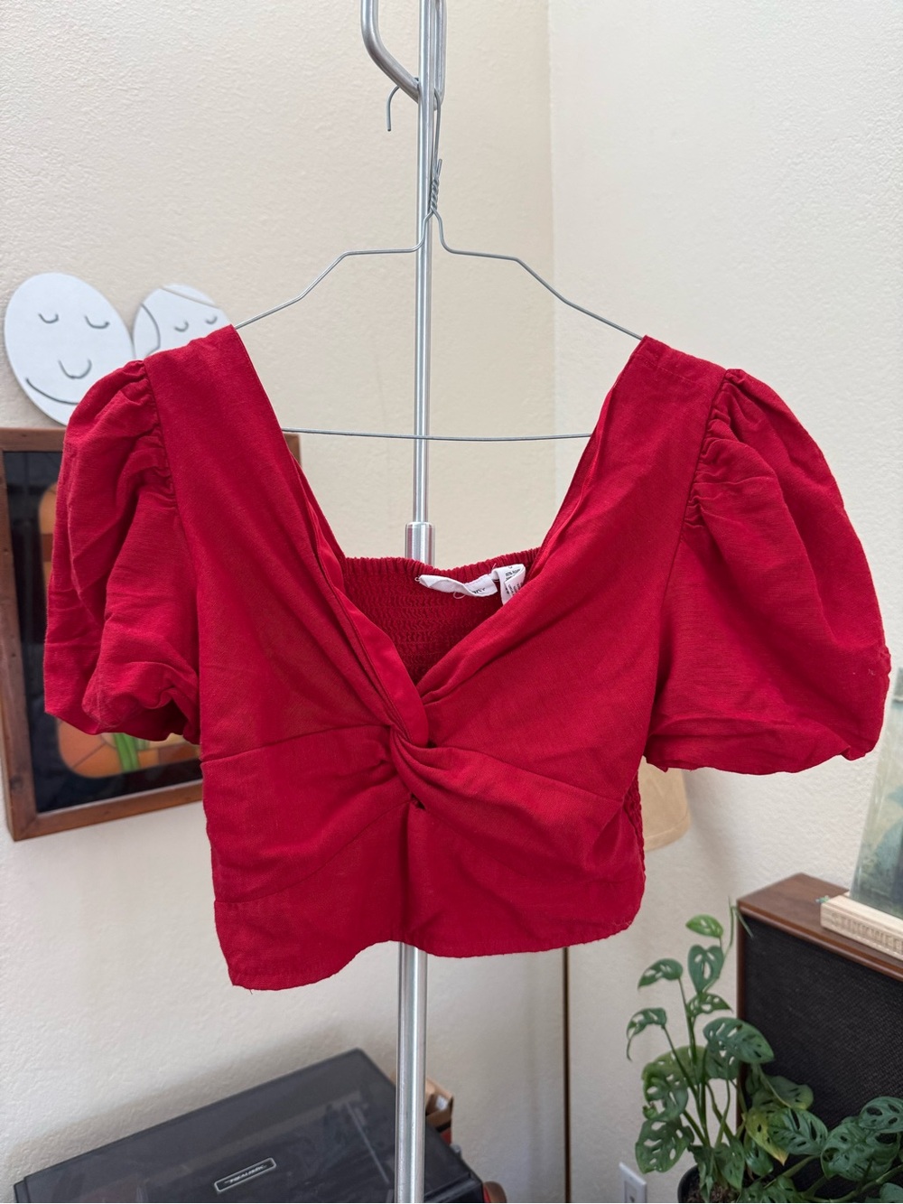 Red Puff Sleeve Twist-Front Women's Crop Top, Midnight Sky